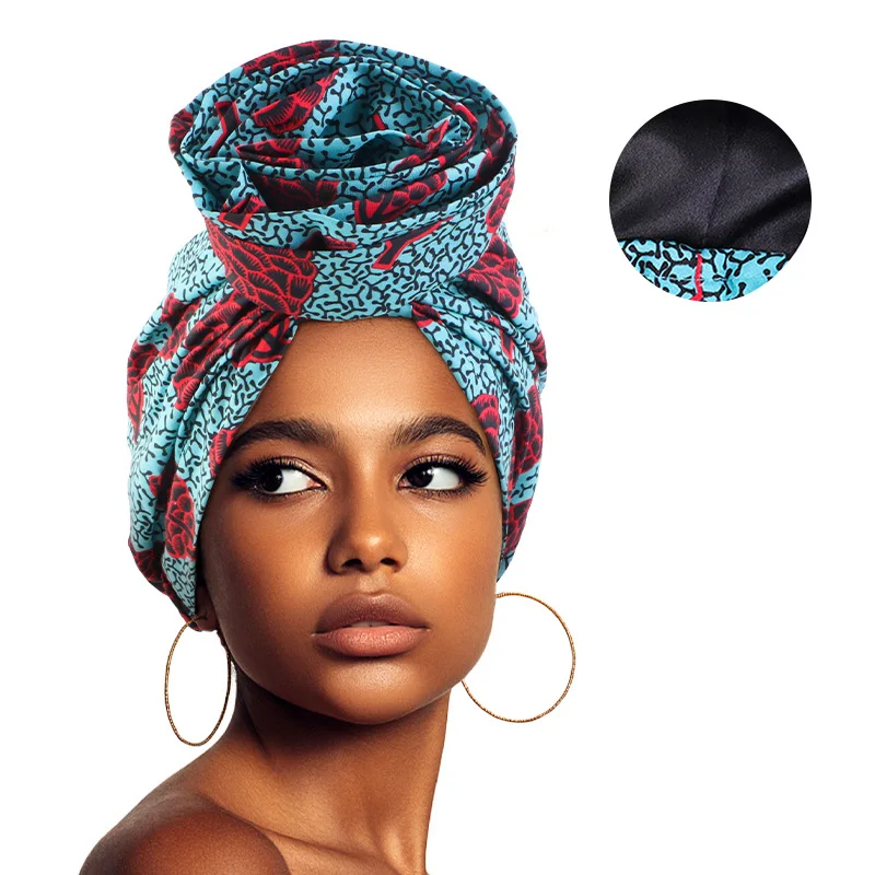 New African Print Stretch Bandana Head WrapFloral Ankara Bonnet  satin linned beanie headscarf Turban Headwear Hair Accessories