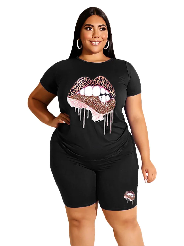 Wmstar Plus Size Two Piece Outfits for Women Tracksuit Shorts Sets Lip Print Top Casual New In Matching Wholesale Dropshipping