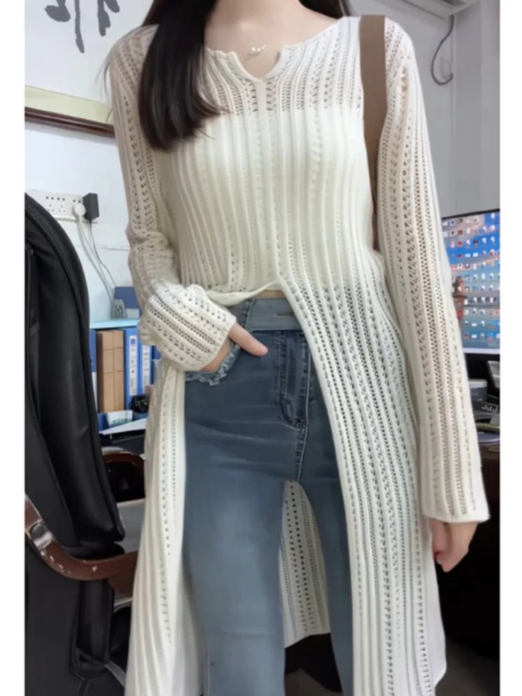 Spring Autumn V-neck Split Knitted Thin Long Shirt Women Fashion Hollow Out Casual Long Sleeve Sunscreen Tops Elegant Blouse Top