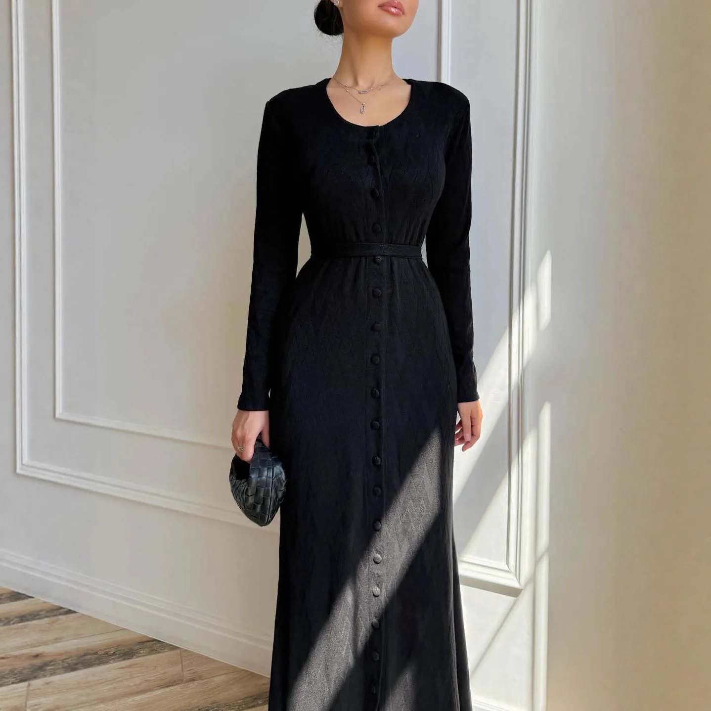 

Fashionable Knitted Sweater Dress With Button Detail Round Necktie Waist Design For Women Autumn New Arrival European Style