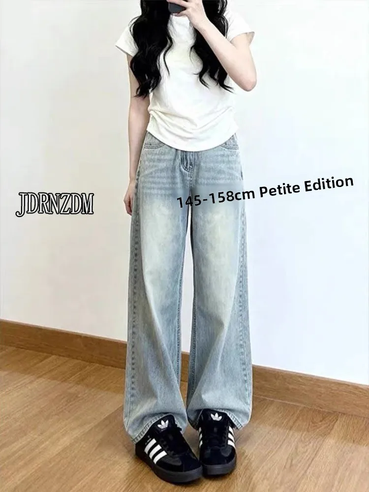 Washed Vintage Low Waist Wide Leg Casual Pants Blue Denim Jeans for Small Figures High School And Junior College Students