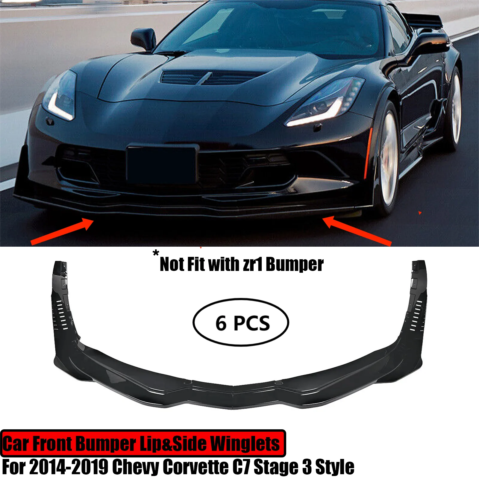 For 2014-2019 Chevy Corvette C7 Car Front Bumper Lip&Side Winglets Stage 3 Style Spoiler Splitter Carbon Look Glossy Matte Black