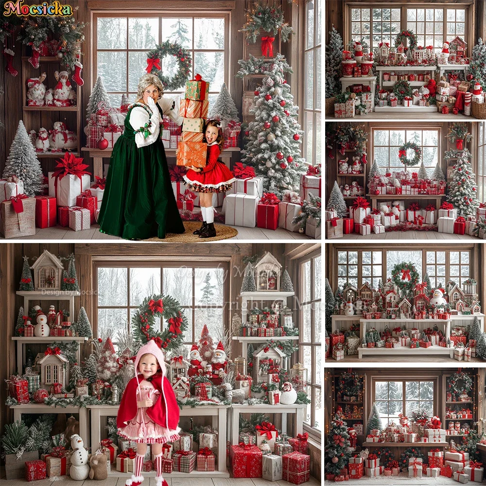 

Mocsicka Santa Claus Workshop Photography Background Red Gifts Xmas Tree Wreath Window Backdrop Kids Family Winter Photo Studio
