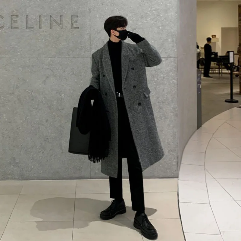 

Medium Length Woolen Overcoat Coat Men's Winter Korean Version Loose Casual Thickened Men's Woolen Trench Coat