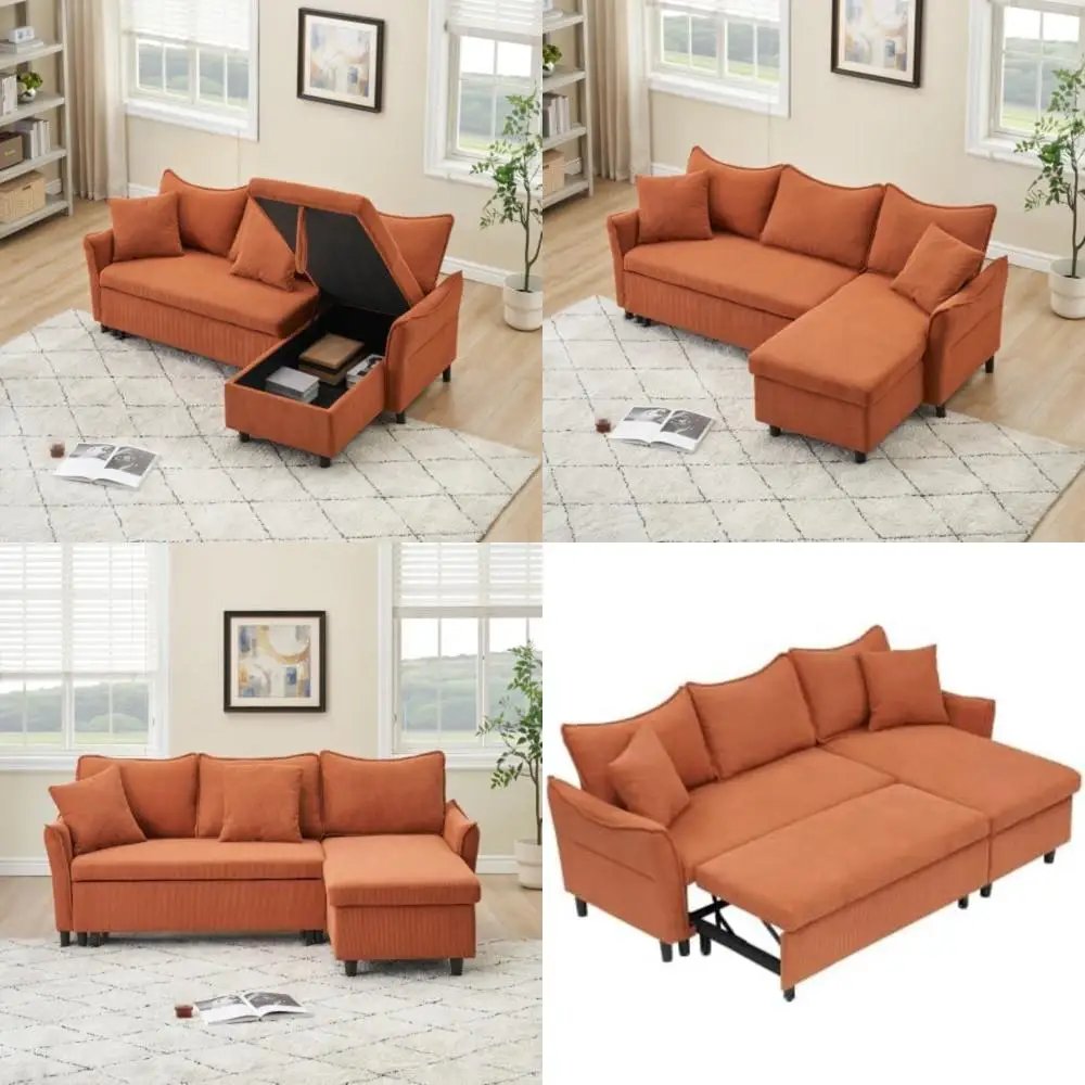 L-образный 3-местный раскладной диван-кровать с подушками, шезлонгом для хранения и выдвижным режимом дивана