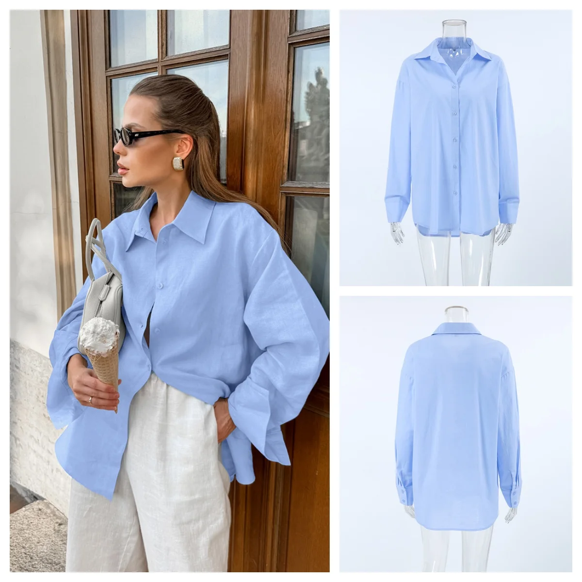 

2025 Autumn Women's French Style Cotton Linen Long Sleeve Shirt Fashionable Office Solid Basic Collar Mid-Length Blue Blouse