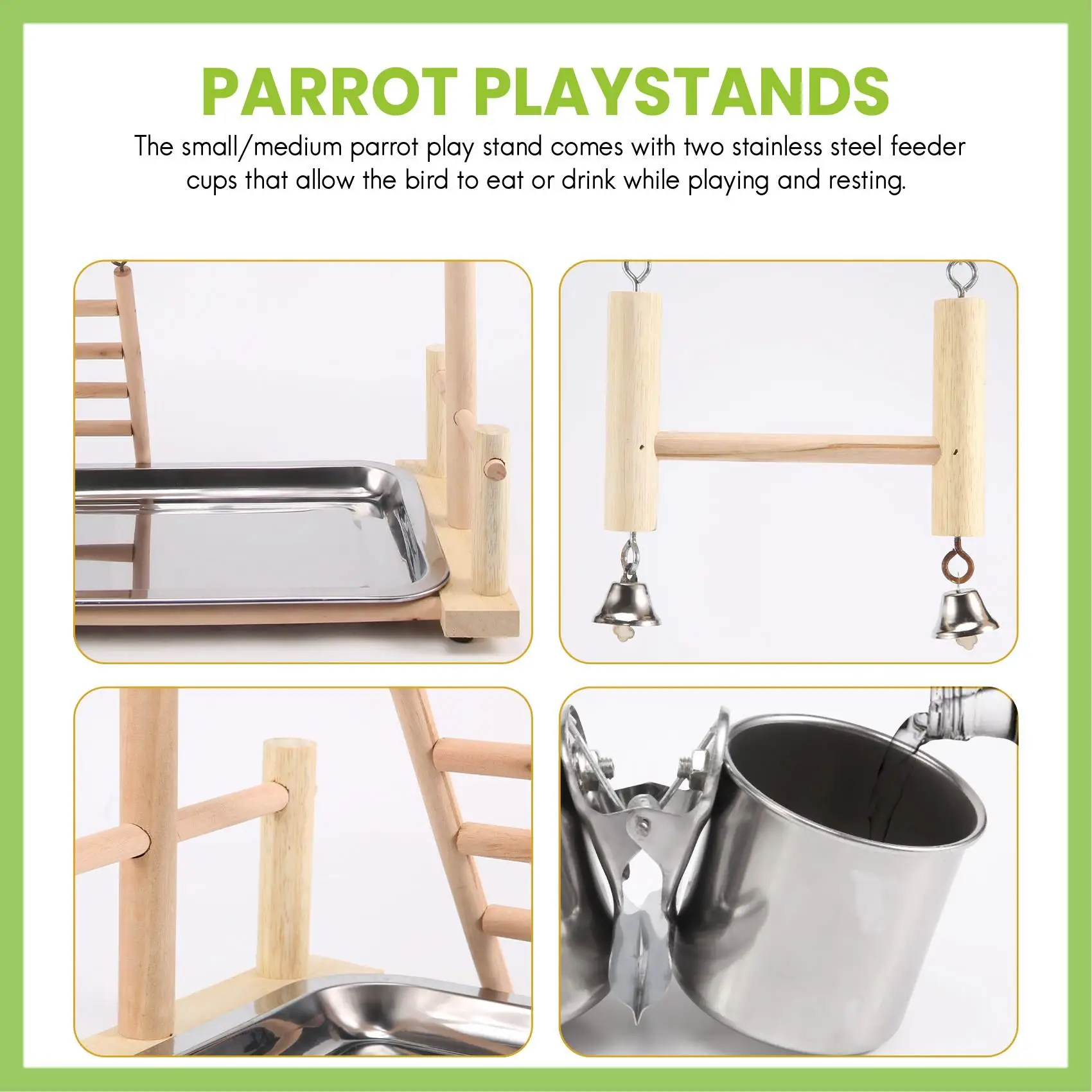 

Parrots Playground,Natural Wooden Parrot Perch Gym Play Stand Parakeet Ladders With Feeder Cups And Toys Exercise Play