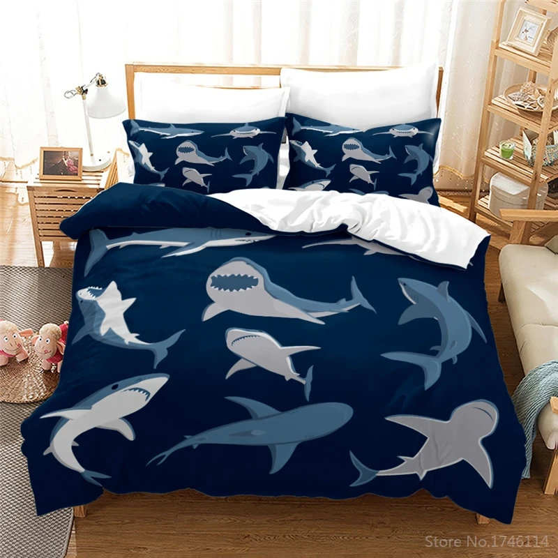 Black and White Bedding Set Cute Cartoon Sharks Print Duvet Cover Set Comforter Cover Pillowcase Home Textile for Kids Boys Gift