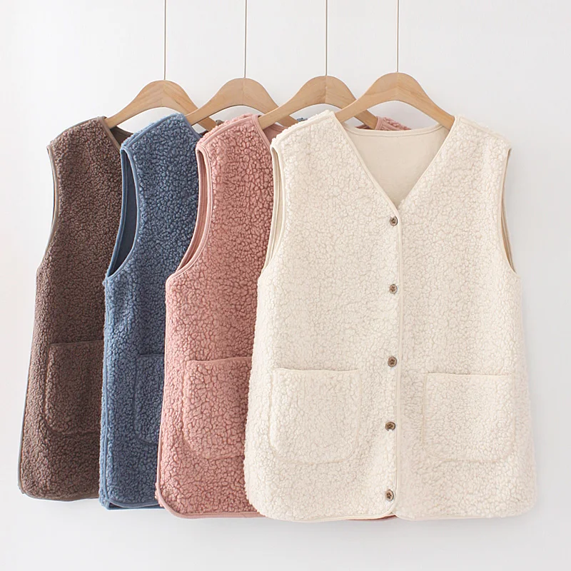 

plus Size Women's Casual Loose Teddy Velvet Sleeveless Vest Autumn Winter Korean Style V-neck Fashionable All-match Color