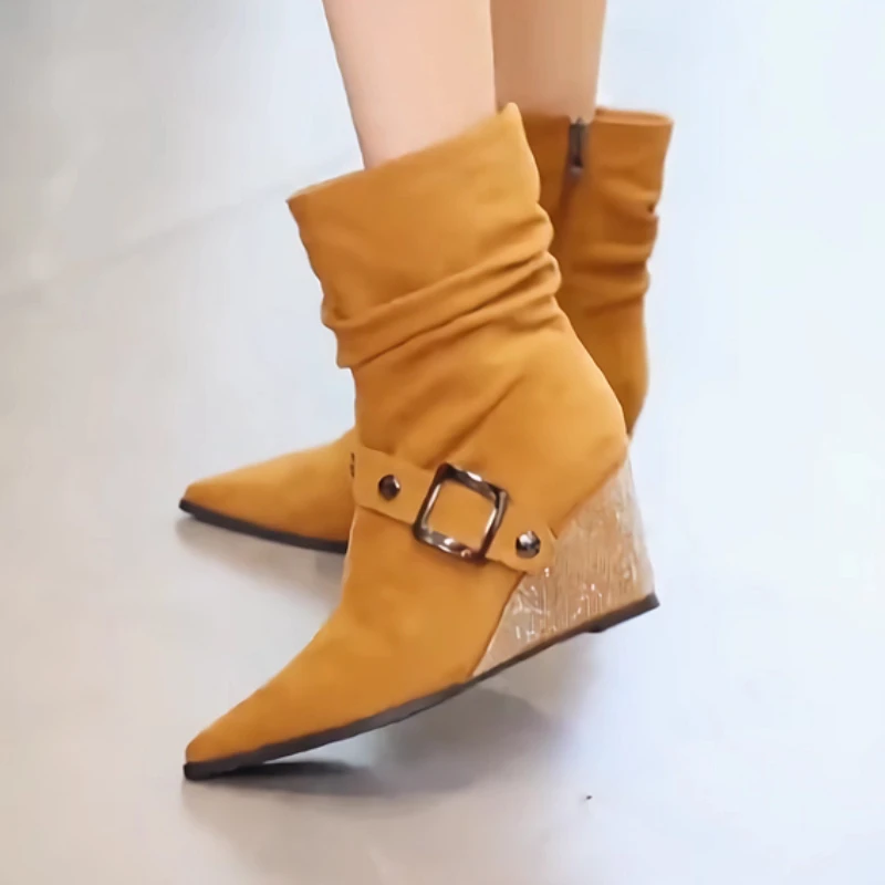 أسافين النساء الأحذية الجلد المدبوغ عالية الكعب أشار حذاء مزود بفتحة للأصابع مثير حفلة شتاء جديد 2025 موضة حذاء من الجلد الاتجاه مشبك مضخات Zapatos #3