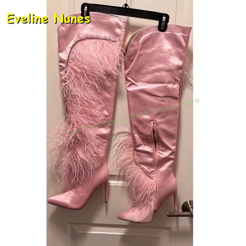 

Розовые модные сапоги со стразами и перьями V-образного выреза, модные сапоги с острым носком на шпильке и боковой молнией, подиумные сапоги выше колена, сексуальные милые вечерние сапоги