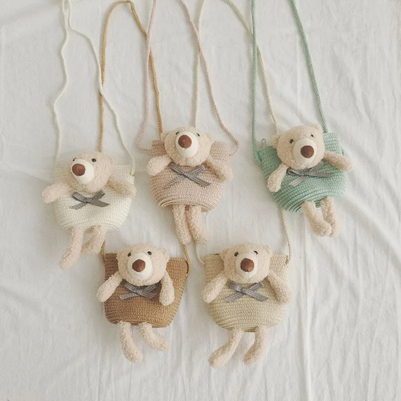 

Cute Kids Straw Shoulder Bags Baby Girls Cute Bear Crossbody Pouch Summer Straw Woven Handmade Bags Beach Mini Handbags Purse