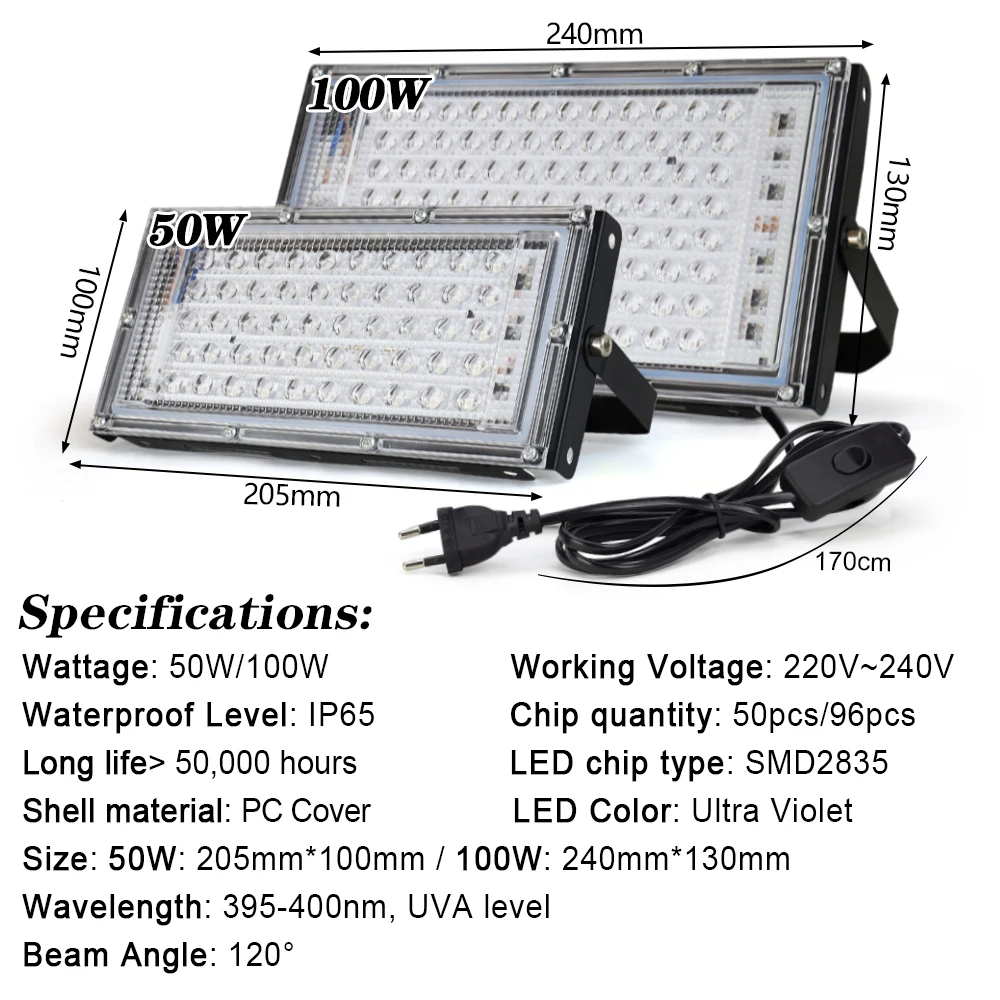 UV Led Flood Light 50W 100W 150W 220V Outdoor Floodlight 395nm 400nm Ultraviolet Fluorescent Stage Lamp LED Stage Blacklight