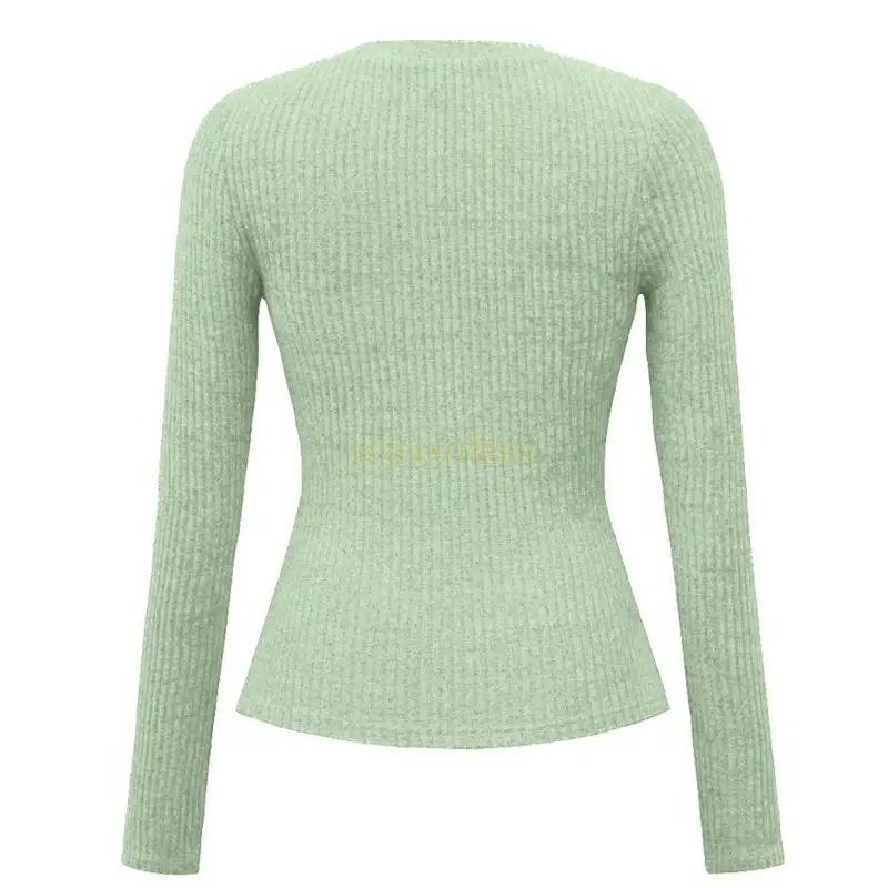 31BF Damestop met mouwen, casual kleur, fit T-shirt, kanten V-hals, geribbelde gebreide shirts