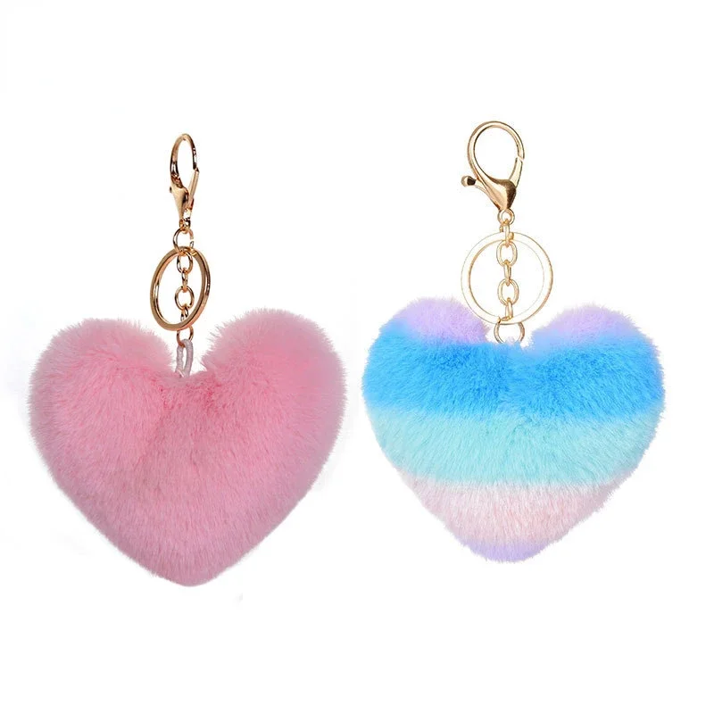 LLavero de pompones de corazón, llaveros con pompón de arcoíris, llaveros para bolso de mujer, accesorios hechos a mano, llaveros, decoración colgante