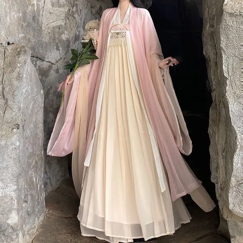 จีนแบบดั้งเดิมชุดกระโปรง Original Song Dynasty Hanfu หญิง Chic Fairy สีชมพูเต้นรําคอสเพลย์เครื่องแต่งกายชุดเจ้าหญิง