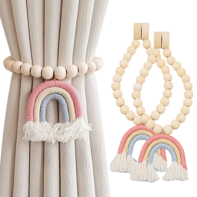 2Pcs Rainbow Tassel Pendant Magnetic Wood Bead Curtain tiebacks Curtain Holders Decorative For Home Office Decoration