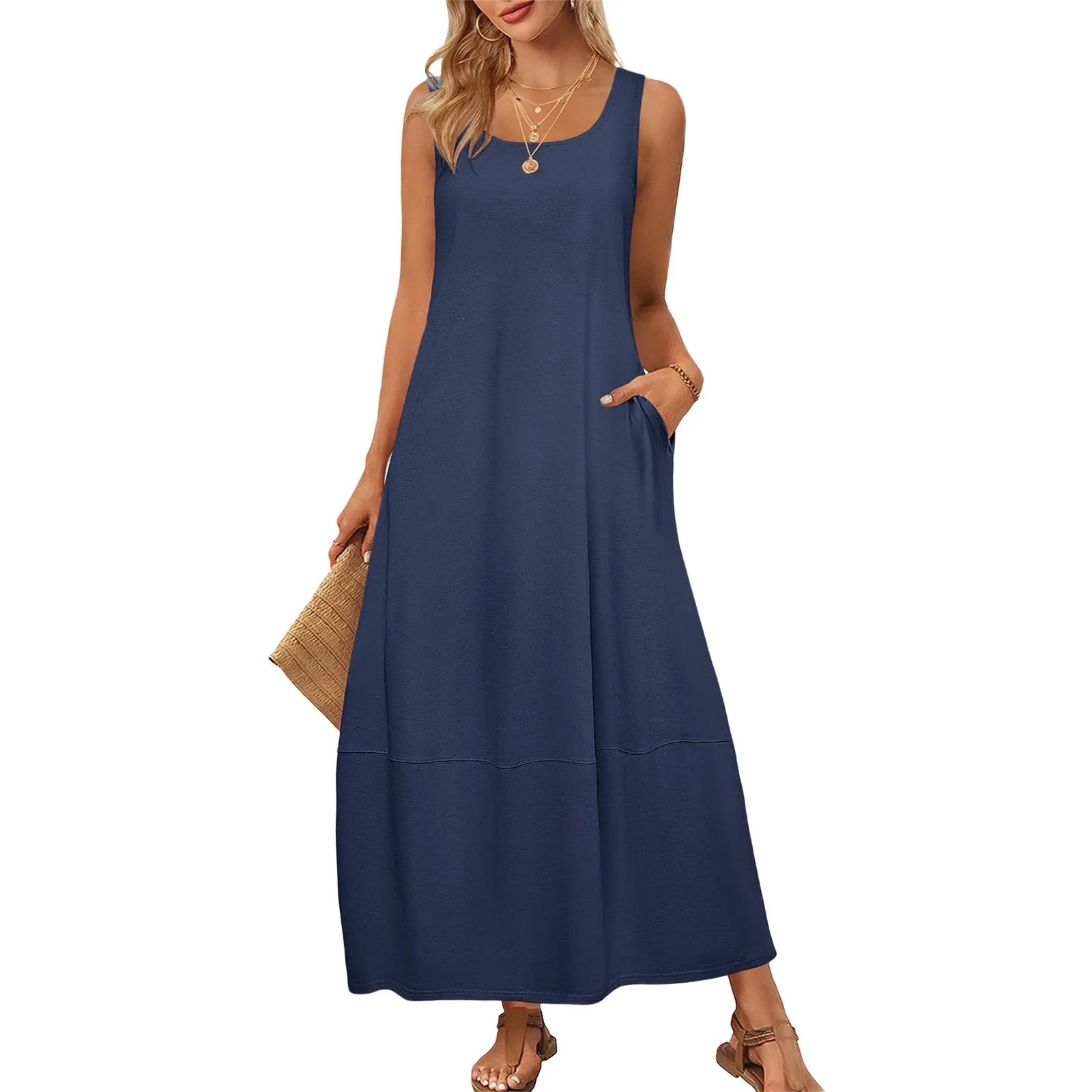 2026 Frühling Sommer Neues Elegantes Damen-Midikleid Ärmellos Einfarbig U-Ausschnitt Freizeitkleid Damen Party Club Kleidung Mit Tasche – Detail 6