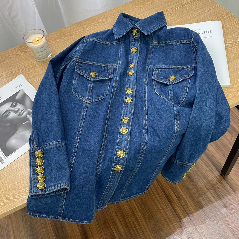 Vintage Denim Shirt Women\'s Spring Autumn Casual Thin Blouse New Elegant Turn-down Collar Gold Button Long Sleeve Coat Top