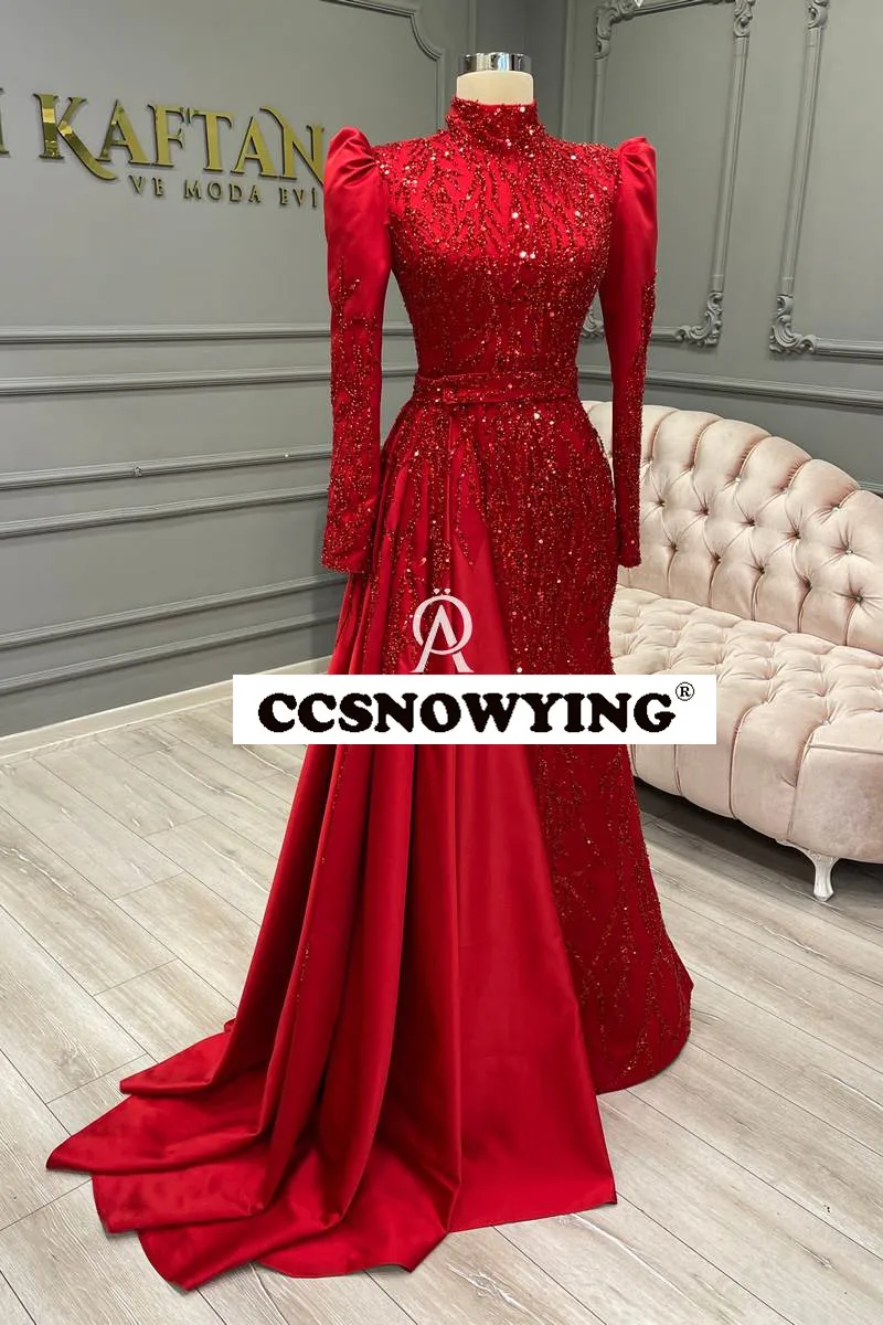 Luxury Mermaid Long Sleeve Muslim Evening Dresses Satin Beaded Islamic Formal Party Gown High Neck Arabic Kaftan Robes De Soirée