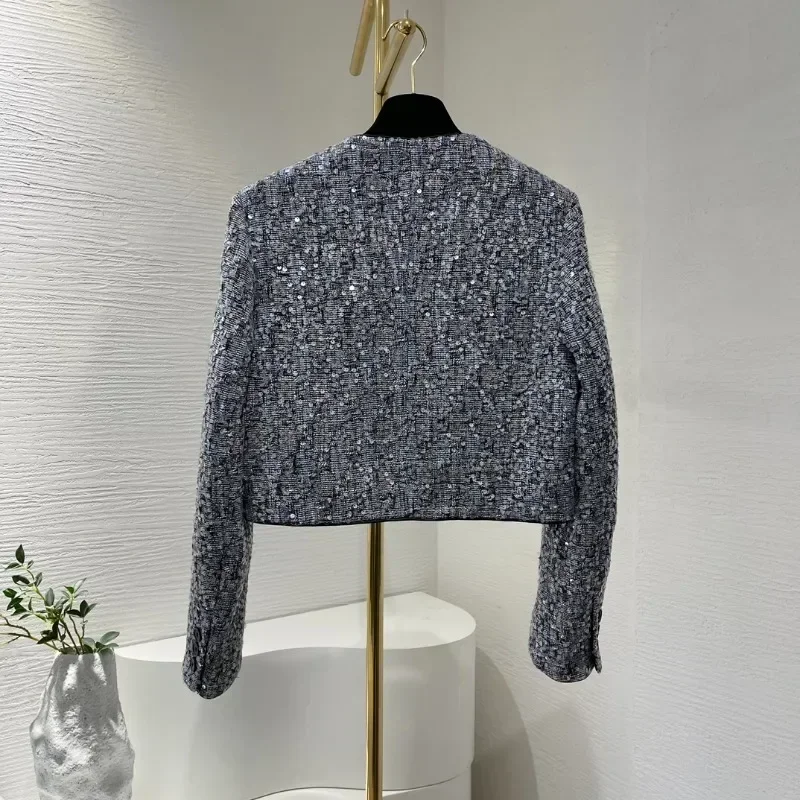 Grey Blue Sequined Office Lady 2024 Fashion Women Top Quality Tweed Long Sleeve Short Jacket