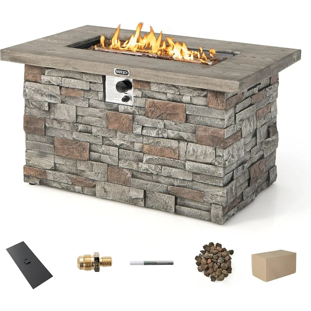 50,000 BTU Propane Fire Pit Table, Patiojoy 43.5 Inch Rectangle Fire Table with Faux Stone Surface, Outdoor Gas Fire Pit Table