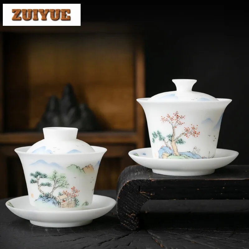 

Boutique Ice Jade Porcelain Handmade Covered Bowl Handpainted Frangrant Hills Gaiwan Tea Tureen Tea Brewing Tea Collection Gifts