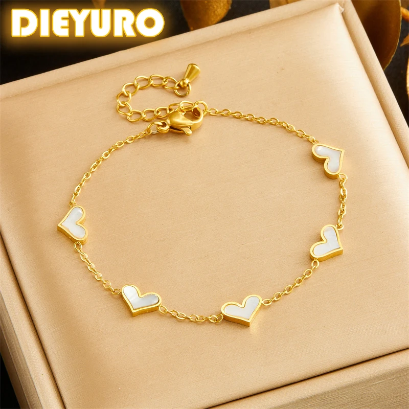 

DIEYURO 316L Stainless Steell White Sea Shell Love Bracelet For Womens 2024 New Trend Non-fading Heart Hand Chain Jewelry Gift