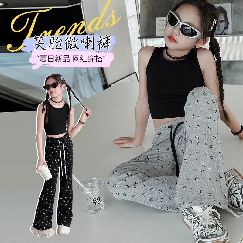 GirlsSummerPants2024NewFashionableGirls Korean Middle School Children's Summer Smiling Face Micro La Pants Children's Clothing