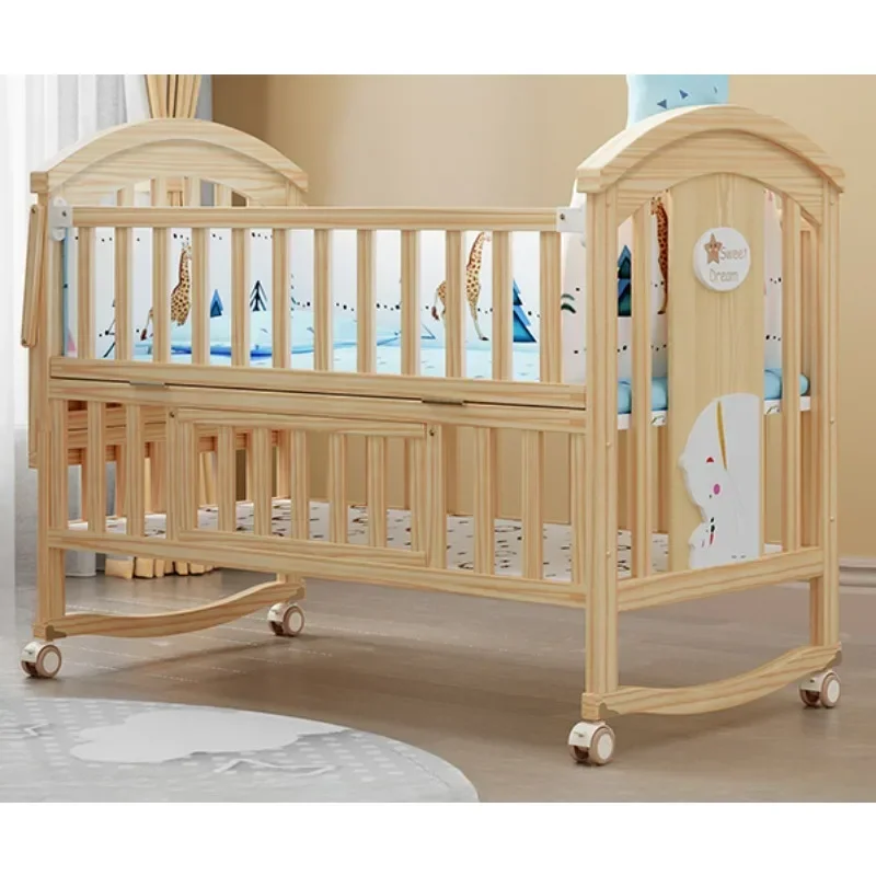 Multifunctional Wooden Crib Solid Wood Baby Bed 0 Paint Eco-Friendly Cradle Bed Movable Newborn Child Splicing Large Bed