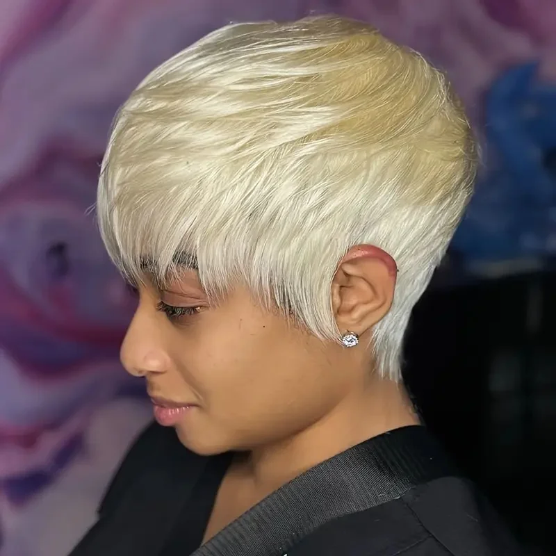 613 カラー ショート ストレート 6 インチ 150% 密度機械製ピクシー カット人毛ウィッグ