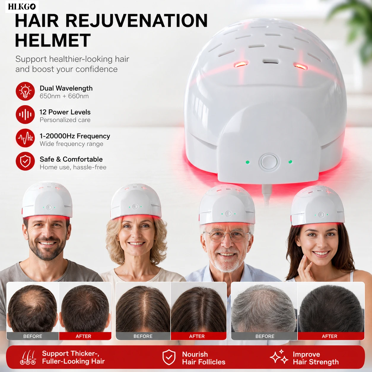 12 Level Power 650nm 660nm Dual Wavelength Hair Regrowth Helmet 1-20000Hz Frequency for Thinning Hair Baldness Treatment