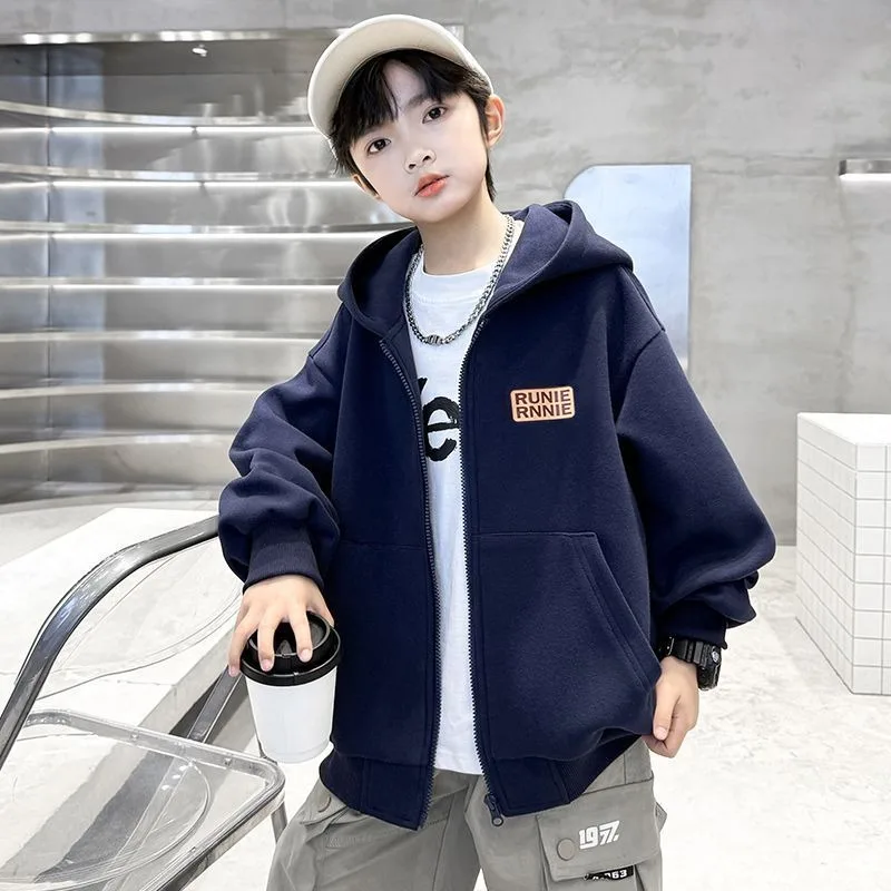

2025 New Release Warm Teen Boys Hooded Cardigan with Trendy Letter Design, Edgy Graphic Outerwear for Autumn Spring