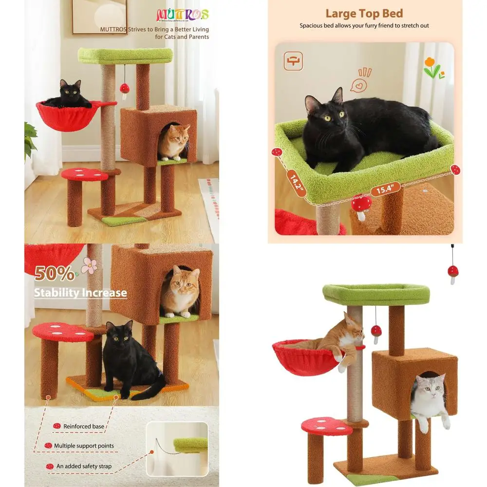 

Mushroom Cat Tree with Sisal Scratching Posts, 35.4" Cute Cat Tower Cat Condo w/Large Green Top Perch, Soft Red Hammock, and Mus