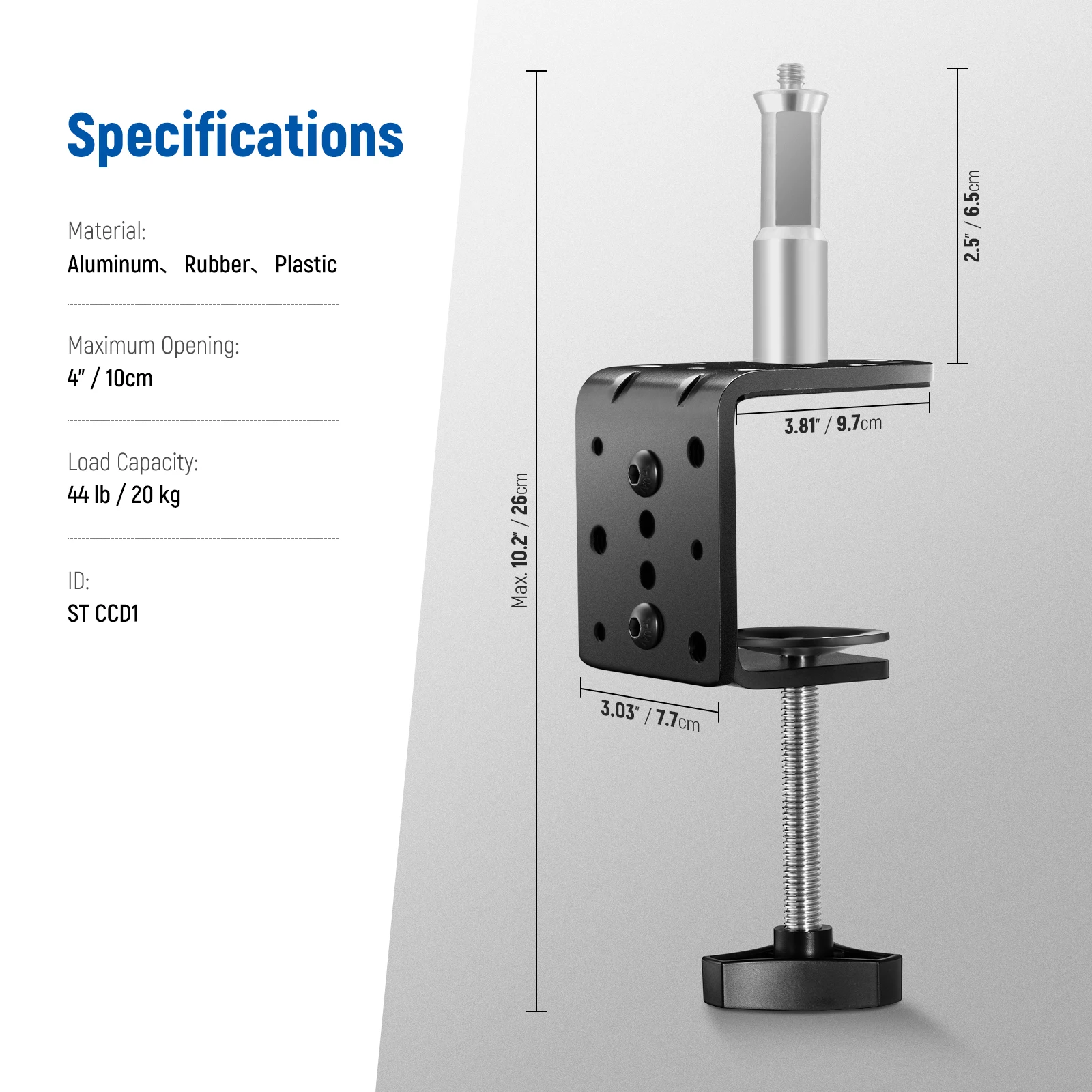 NEEWER Hochleistungs-C-Schreibtischklemme mit Befestigungssäule für Lichtständer, verstellbare Tischklemme aus Metall mit 1/4 Zoll 3/8 Zoll Gewinde – Detail 3