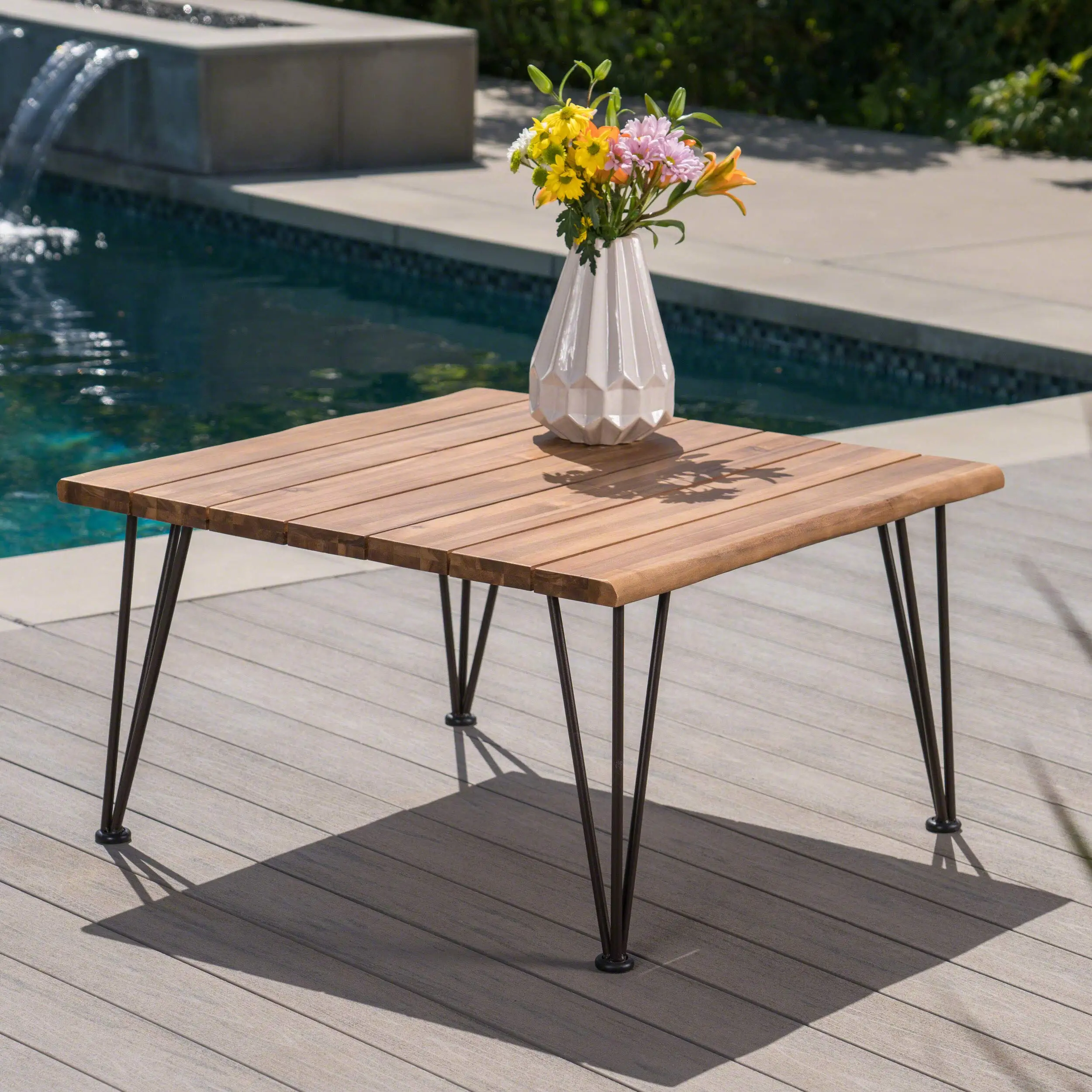 Zion Outdoor Industrial Acacia Wood Coffee Table with Iron Frame, Teak Finish / Rustic Metal
