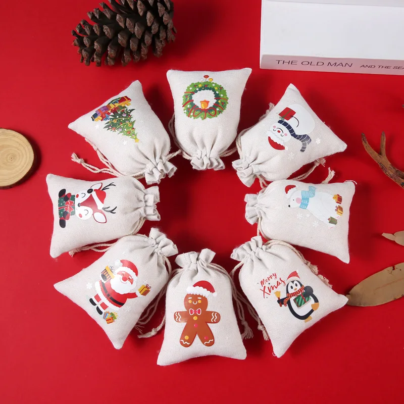 10x14cm Santa Claus Elk Bells Cotton Drawstring Gift Bag Christmas Print Candy Gift Bag Jewelry Packaging Bag Reusable 50pcs/lot