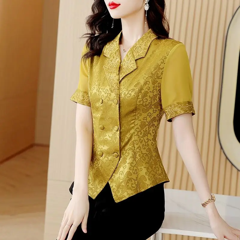 Summer New POLO Collar Fashion Short Sleeve Shirt Women High Street Casual Button Cardigan Slim Jacquard Weave Elegant Tops