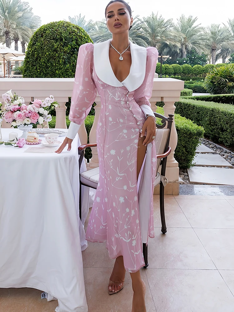 

Sibybo Puff Sleeve Chiffon Women Maxi Dress Fashion Printed Contrast Patchwork High Split Slim Elegant Party Dresses Lady Robes