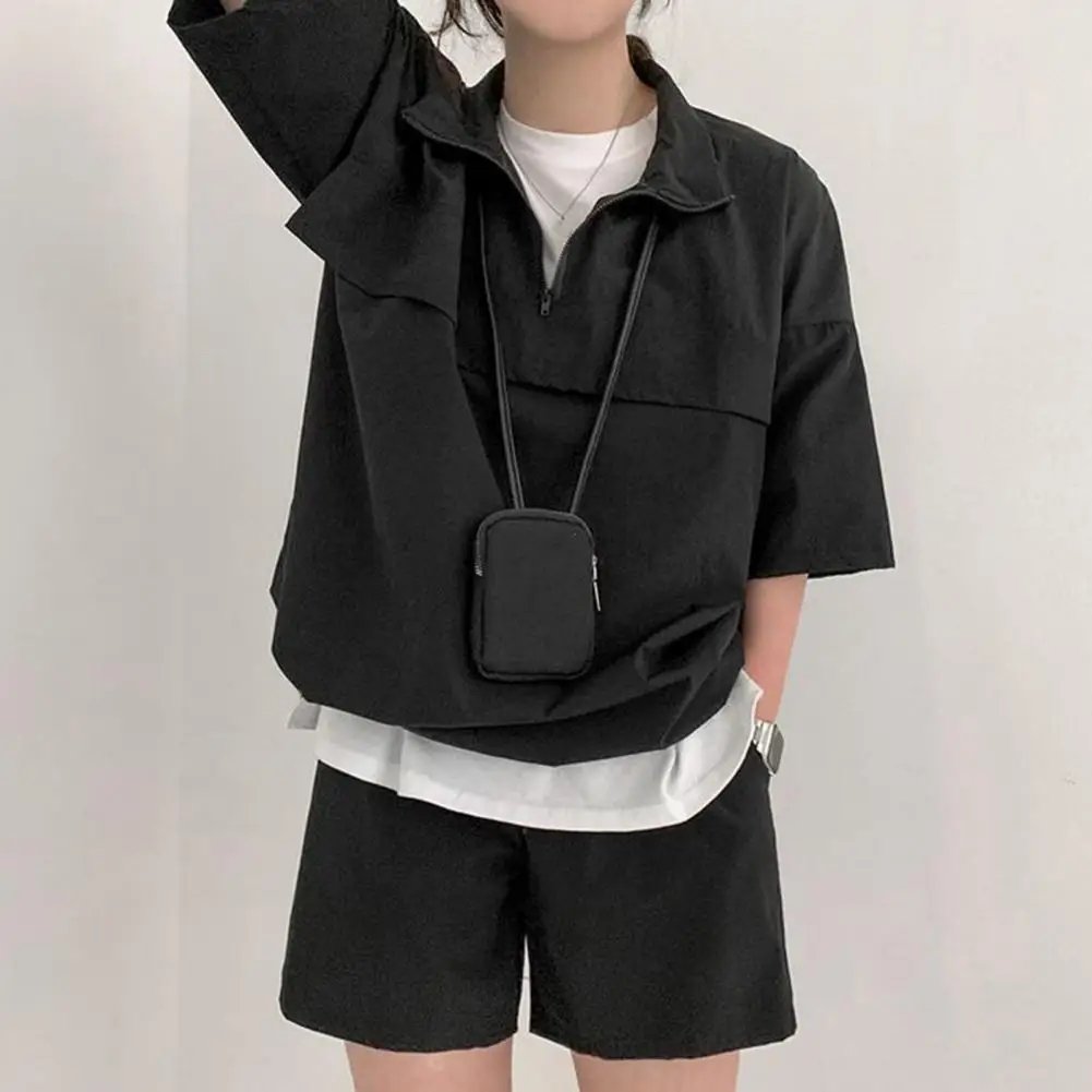 2 Pcs/Set Unisex Summer Tracksuit Zippered Lapel Half Sleeves Loose Top High Waist Solid Color Shorts Sport Clothes Student Casu