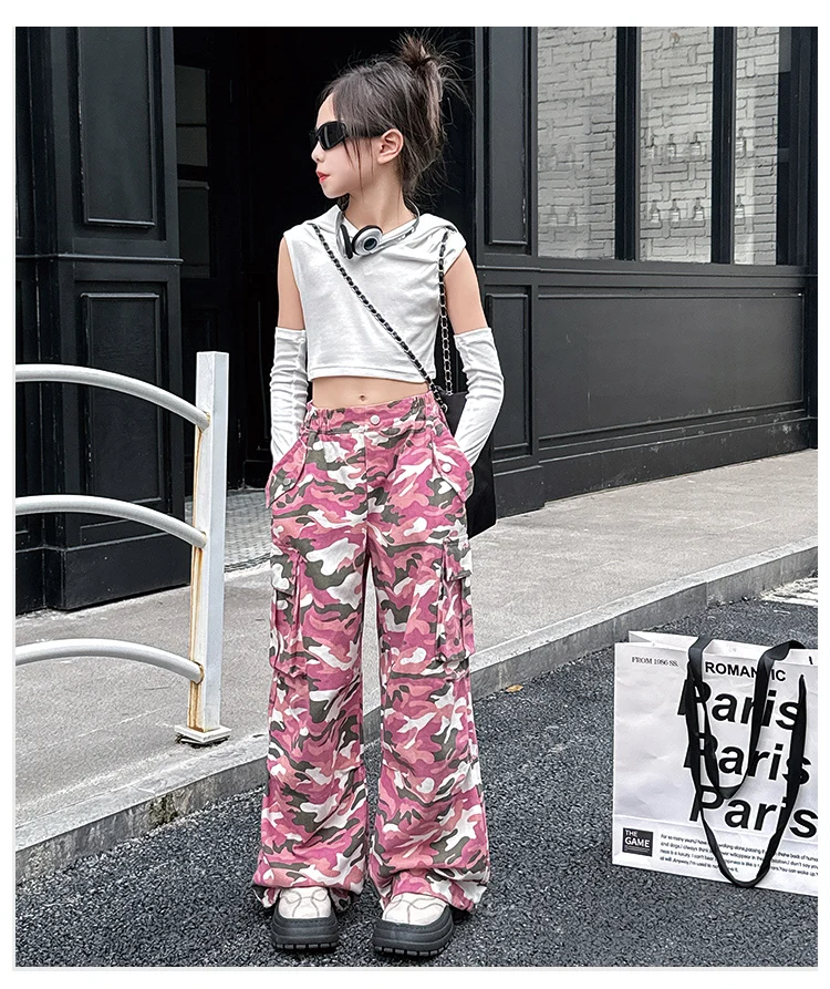 Koreanische Kinder-Cargo-Hose in Rosa Camouflage für Frühling und Herbst, lässige Hose mit elastischem Bund und Taschen für Teenager-Mädchen, Streetwear-Hose für Teenager. – Detail 5
