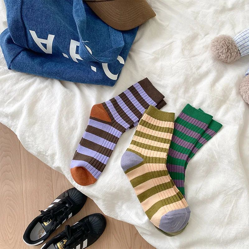 Socks Women Autumn Spring Winter Korea Style Harajuku Street Sport Cotton Stripes Casual Skateboard Mid-tube Sock For Girls Gift