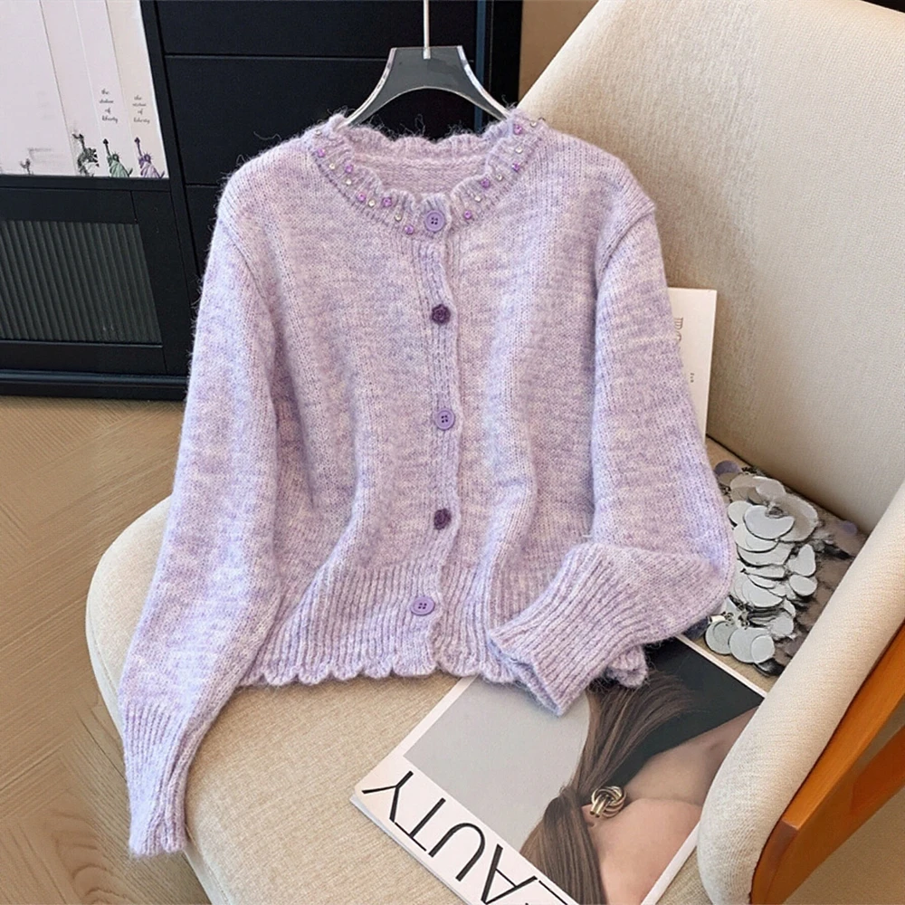 

Autumn Women's Cardigan Decent Single Breasted Diamonds Casual Long Sleeve V-Neck Daily