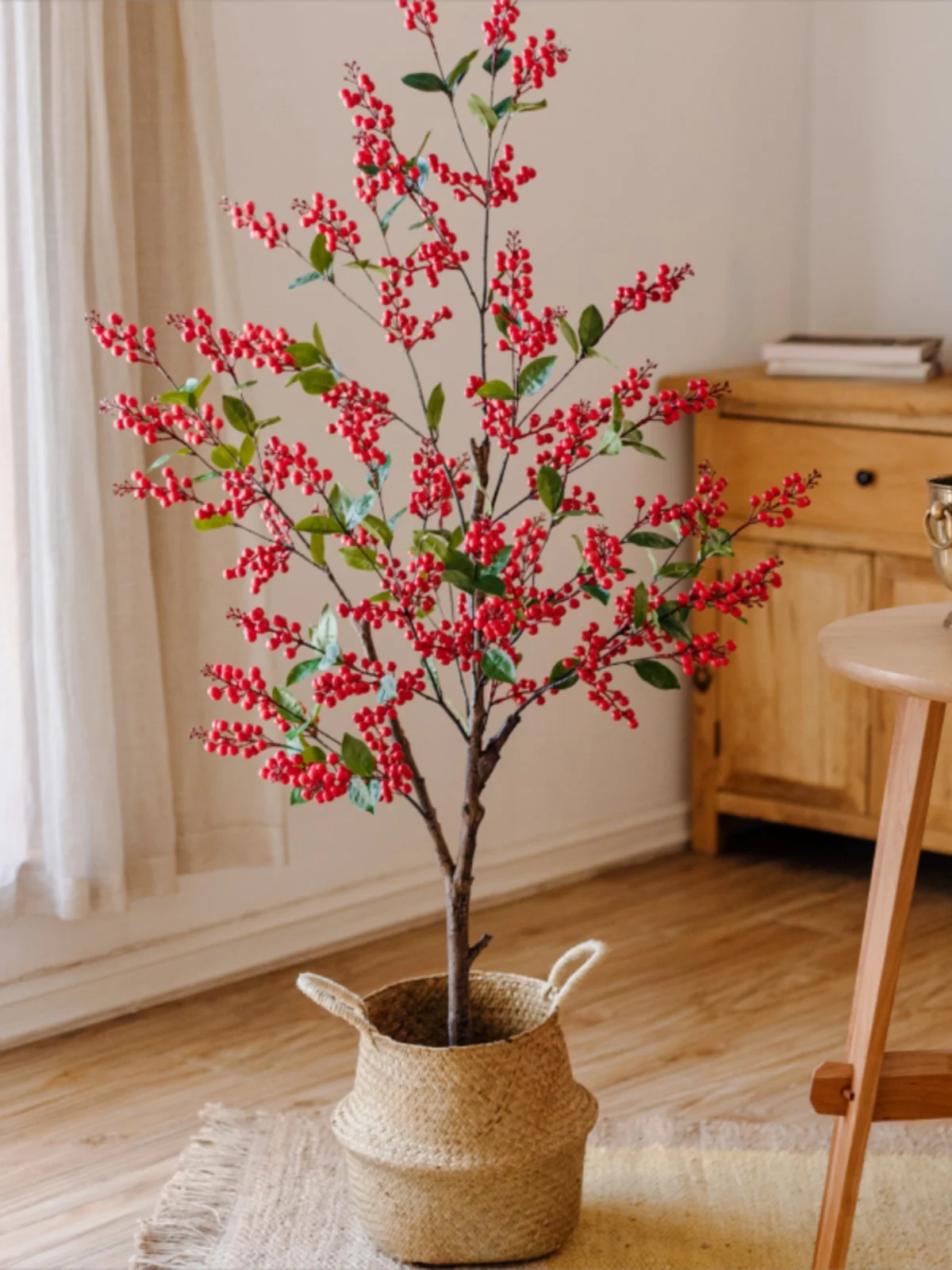 

Luy Red Fruit Tree Artificial Flower Pot Decoration Living Room Floor Standing Decoration Festive Fake een Plant Bonsai