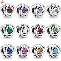 NEW 925 Sterling Silver Gold Plated 12 month Colorful Charm Beads Fit  Original Bracelet Necklace DIY Women Jewelry