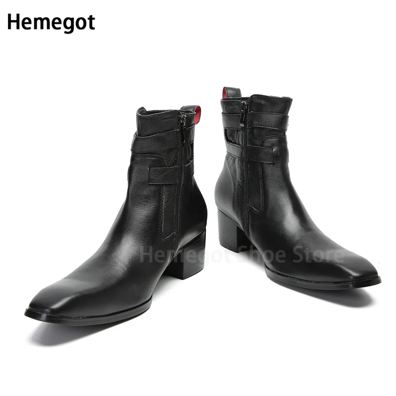 Men's Black Soft Cowhide Boots High Heel Pointed Toe Banquet Fashion Boots Chelsea Male Size 37-47 High Quality Winter Men Boots