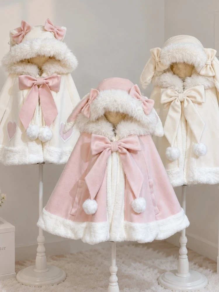 2026 Weihnachts-Wintermantel für Damen mit Schleife, Lolita-Kapuzenmantel, Patchwork, Kawaii-Mantel, warmer Umhang, süße Jacken