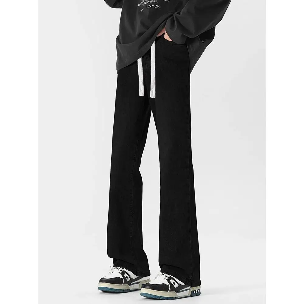 

American Style Loose Straight Leg Jeans Men's Elastic Waist Drawstring Micro Flared Casual Trousers Summer Cotton Polyester