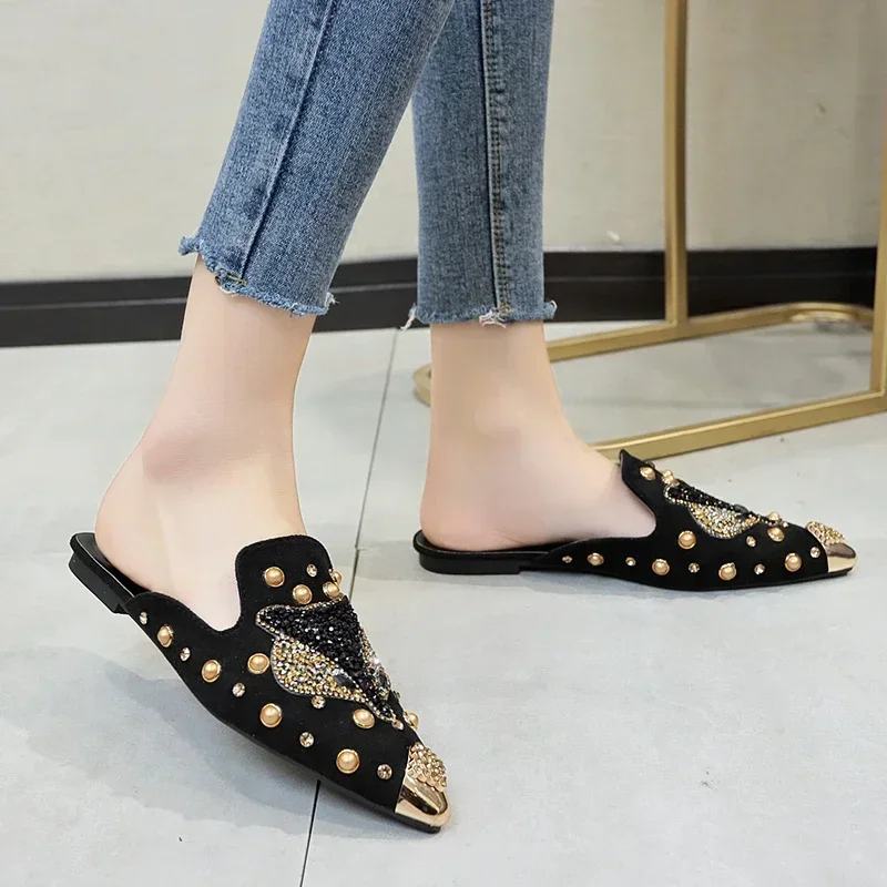 Women Shoe Fashion String-bead Pointed Rhinestone Rivet Flat Women Slippers Slip-On Mules Loafer Sandals Slides Ladies Shoes