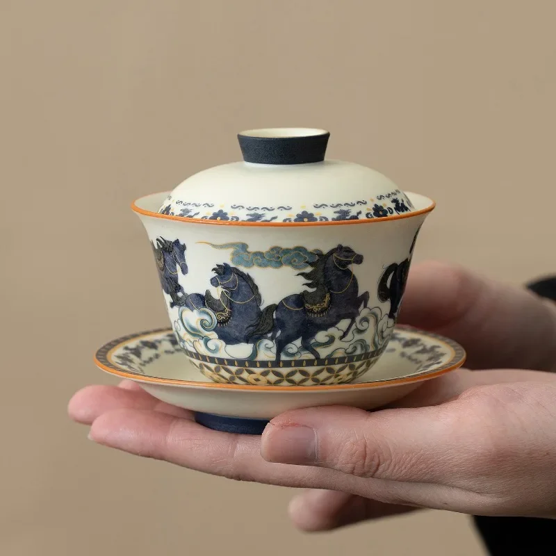 

Horse Pattern Rock Mine Bai San Cai Bowl Cover Household Tea Cup Ceramic Retro Kung Fu Tea Ceremony
